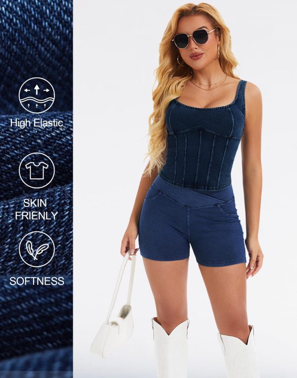 Women's Square Neck Denim Tank Top Summer Going Out Croset Tops Sleeveless Vintage Slim Fit Jean Bustier Shirt