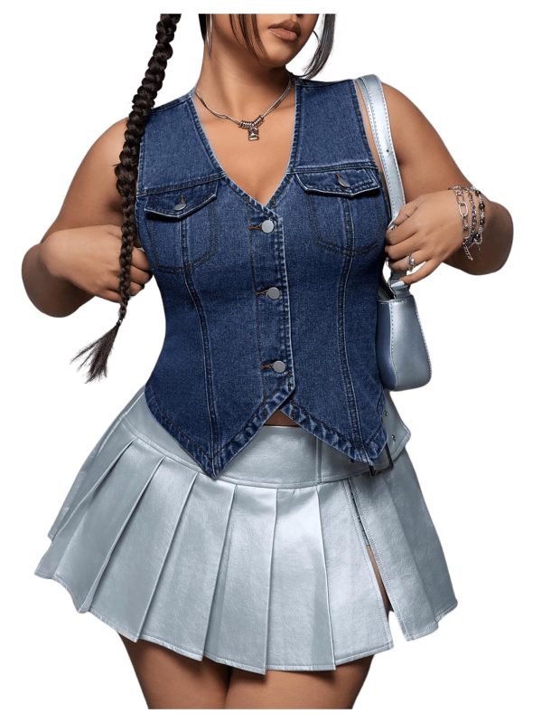 Women's Plus Size Sleeveless Button Down Jean Vest V Neck Denim Jacket