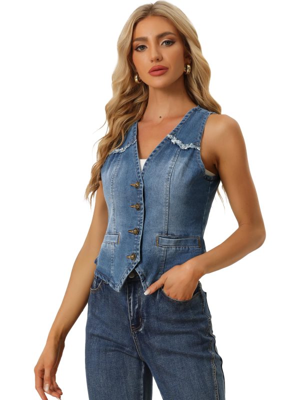 Denim Vest for Women's Sleeveless V Neck Washed Distressed Jean Jacket