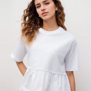 Women Summer Short Sleeve T-Shirts Oversized Dressy Casual Work Blouses Cropped Cute Ruffle Babydoll Peplum Tops