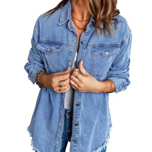 Women’s Oversized Button Up Frayed Hem Shacket Long Sleeve Pockets Denim Jean Jacket