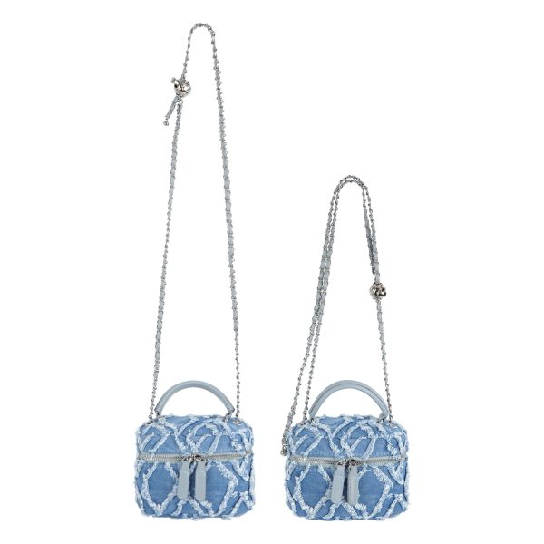 Women Denim Mini Bucket Shoulder Crossbody Bag Drawstring Quilted Distressed Tassel Barrel Shape Satchel Purse