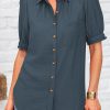 Womens Summer Short Sleeve Button Down Shirts V Neck Collared Casual Blouse Tops with Pockets
