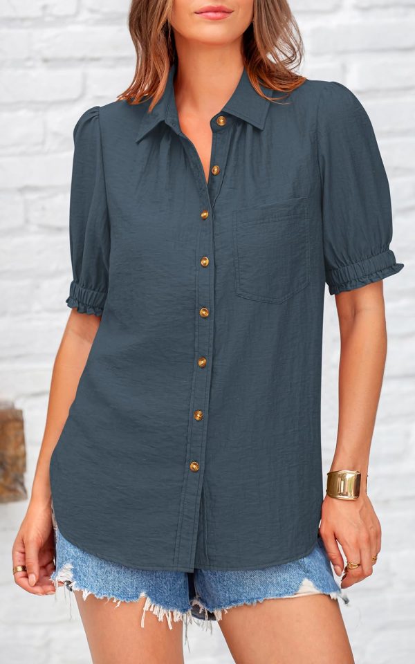 Womens Summer Short Sleeve Button Down Shirts V Neck Collared Casual Blouse Tops with Pockets