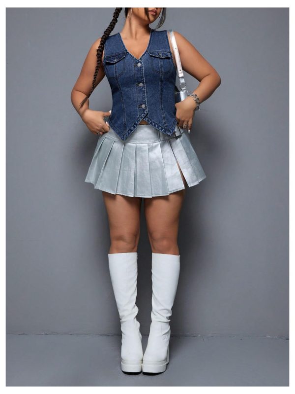Women's Plus Size Sleeveless Button Down Jean Vest V Neck Denim Jacket