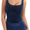 Women's Square Neck Denim Tank Top Summer Going Out Croset Tops Sleeveless Vintage Slim Fit Jean Bustier Shirt