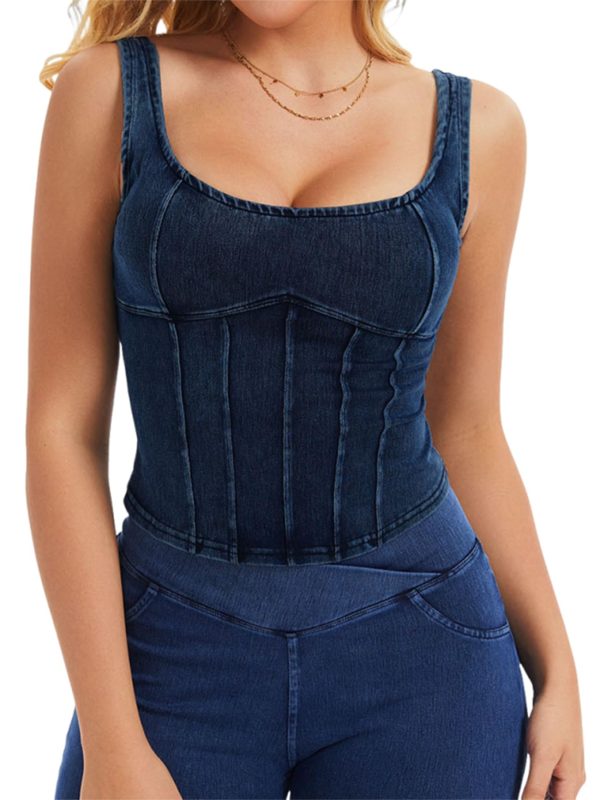 Women's Square Neck Denim Tank Top Summer Going Out Croset Tops Sleeveless Vintage Slim Fit Jean Bustier Shirt