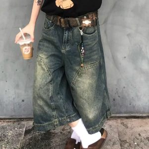 Y2k Shorts Men Vintage Baggy Jean Shorts Long Jorts Grunge Denim Bermuda Short Streetwear