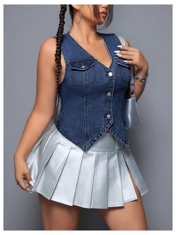 Women's Plus Size Sleeveless Button Down Jean Vest V Neck Denim Jacket
