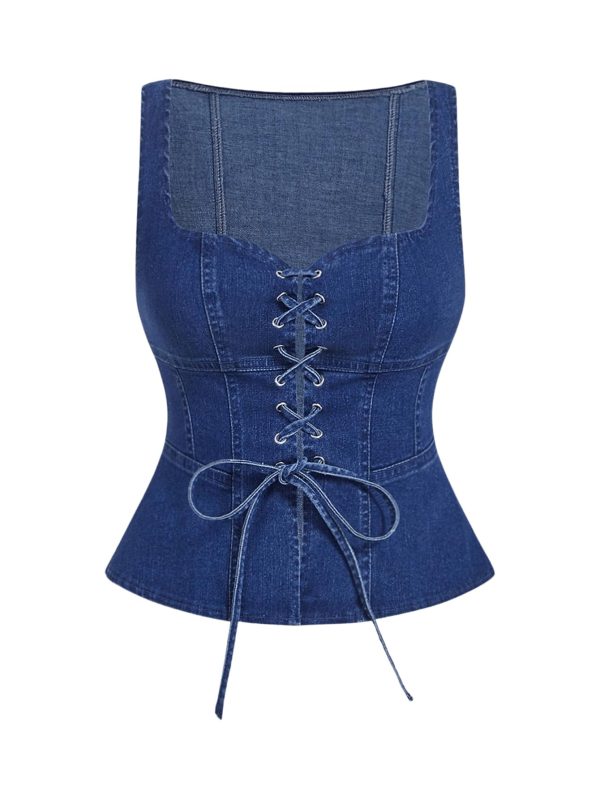 Women's Denim Vest Tie Front Sleeveless Fitted Y2K Jean Vests Tank Top