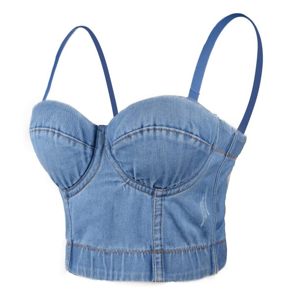 Women's Denim Bustier Crop Top Jean Corset Top Bra with Detachable Straps