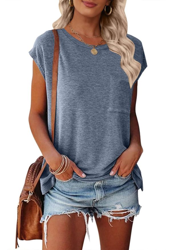 Women's Casual Cap Sleeve T Shirts Basic Summer Tops Loose Solid Color Blouse