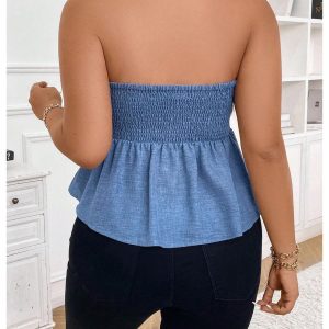 Women's Plus Size Sleeveless Strapless Bandeau Ruffle Hem Denim Tube Tops