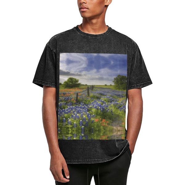 Oversized Tshirts for Men Vintage Cotton T-Shirts Texas Bluebonnets Scenery Short Sleeve Tees Loose Fit Tees Shirts