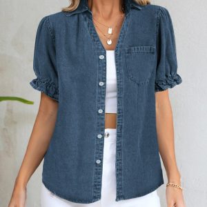 Womens Denim Shirts Button Down Short Puff Sleeve Lightweight Jeans Shirts with Pocket Business Casual Tops