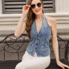 Womens Sleeveless Denim Vest Halter Neck Backless Petite Jean Waistcoat Top Summer Jacket