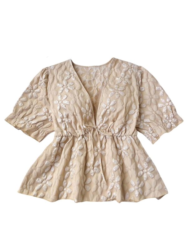 Women's Plus Size Floral Tie Front Peplum Blouse Deep V Neck Puff Half Sleeve Shirts
