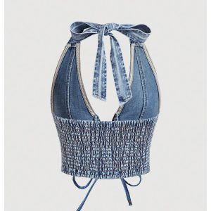 Women's Denim Top Lace Up Sleeveless Halter V Neck Backless Y2K Denim Crop Top Vest
