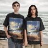 Oversized Tshirts for Men Vintage Cotton T-Shirts Sea Lighthouse Sandbeach Short Sleeve Tees Loose Fit Tees Shirts