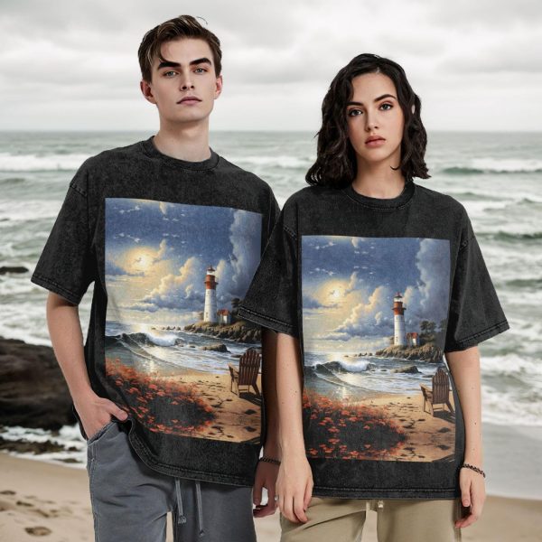 Oversized Tshirts for Men Vintage Cotton T-Shirts Sea Lighthouse Sandbeach Short Sleeve Tees Loose Fit Tees Shirts