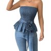 Women's Y2k Strapless Tube Top Sleeveless Smocked Peplum Ruffle 3D Flower Belted Bandeau Tops