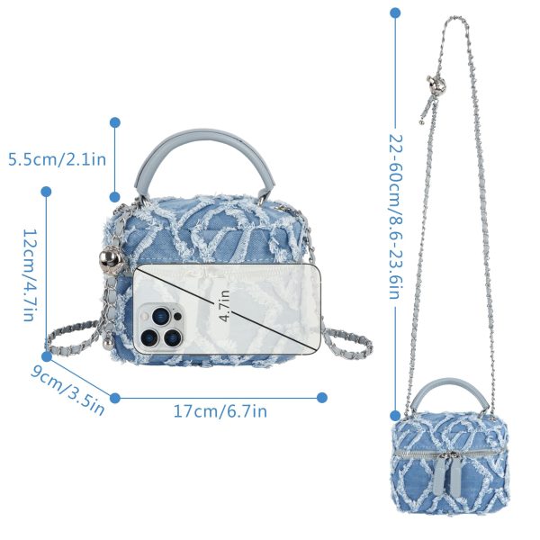 Women Denim Mini Bucket Shoulder Crossbody Bag Drawstring Quilted Distressed Tassel Barrel Shape Satchel Purse