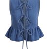 Women's Plus Size Denim Vest Bowknot Crew Neck Sleeveless Ruffle Hem Y2K Jean Vest Jacket