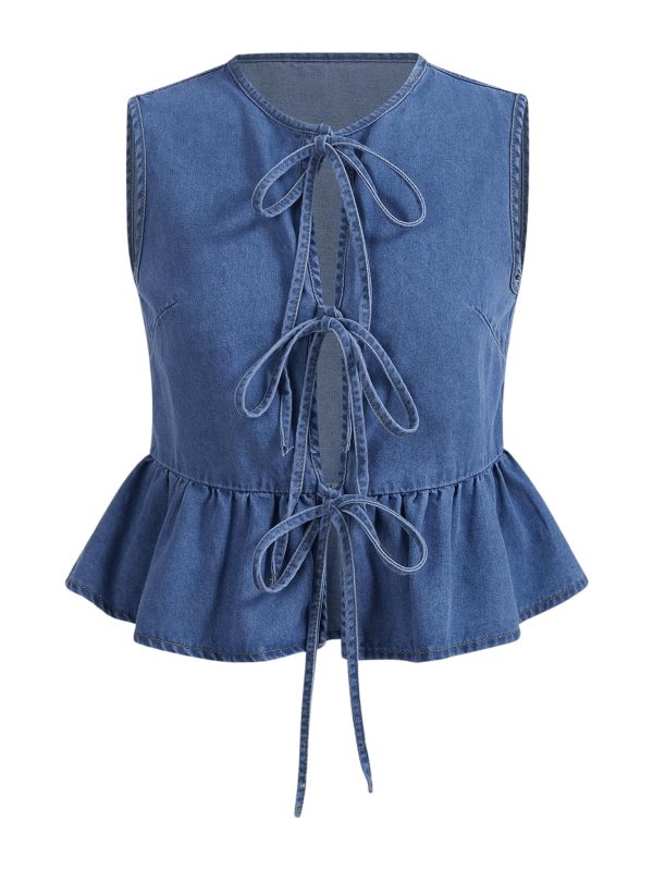 Women's Plus Size Denim Vest Bowknot Crew Neck Sleeveless Ruffle Hem Y2K Jean Vest Jacket