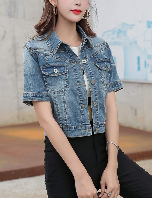 Women's Summer Short Sleeve Crop Denim Trucker Jacket Jean Coat Tops