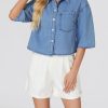 Women's Cropped Denim Shirt Summer Button Down Short Sleeve Casual Jean Jacket with Pocket