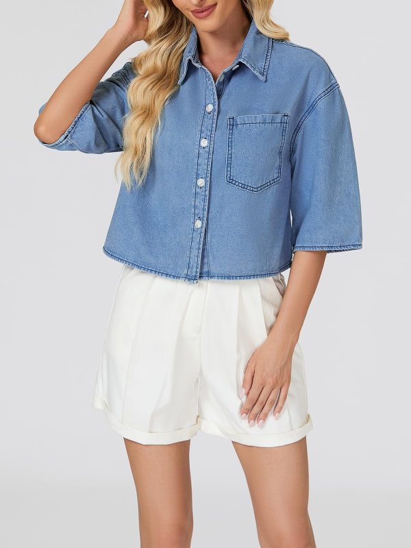 Women's Cropped Denim Shirt Summer Button Down Short Sleeve Casual Jean Jacket with Pocket