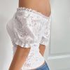 Lace Tops for Women Off Shoulder Going Out Tops Sexy Sheer Mesh Puff Short Sleeve Summer Crop Floral Corset Top