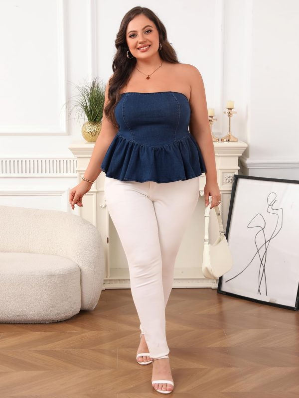 Women's Plus Size Strapless Denim Ruffle Top Camisole Peplum Y2K Jean Tube Tops