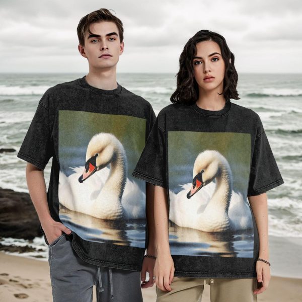 Oversized Tshirts for Men Vintage Cotton T-Shirts Cute Little swan Short Sleeve Tees Loose Fit Tees Shirts
