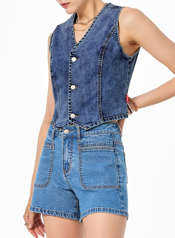 Women's Denim Vest Sleeveless V Neck Zimbaplatinum Jean Vest Top Button Down Crop Waistcoat Vest Summer Outfit