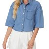 Women's Cropped Denim Shirt Summer Button Down Short Sleeve Casual Jean Jacket with Pocket