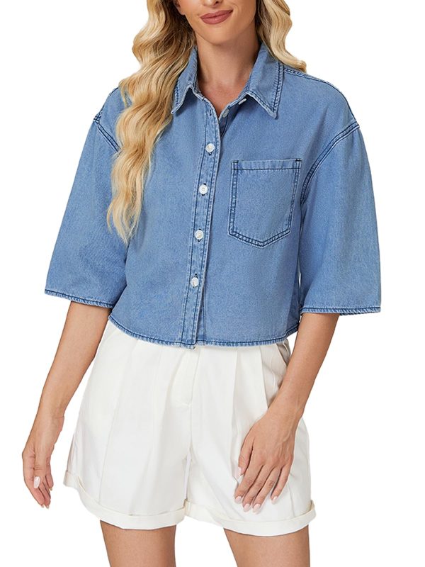 Women's Cropped Denim Shirt Summer Button Down Short Sleeve Casual Jean Jacket with Pocket
