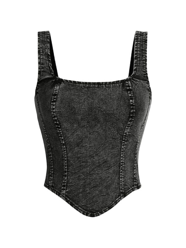 Women's Denim Corset Tank Top Asymmetrical Hem Crop Tops Sleeveless Zip Up Back Tanks