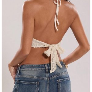 Women's Crochet Halter Top Tie Open Back Metal Ring Draped Front Y2k Rave Festival Tops