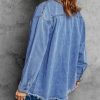 Women’s Oversized Button Up Frayed Hem Shacket Long Sleeve Pockets Denim Jean Jacket
