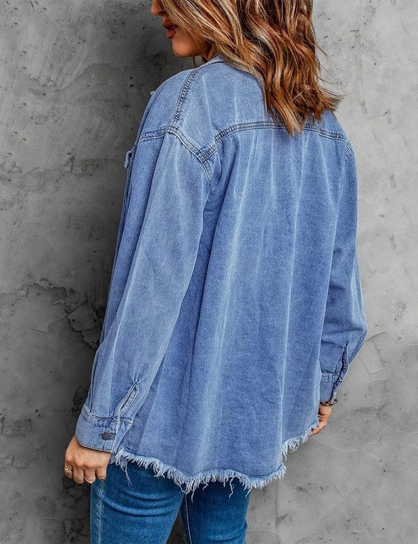 Women’s Oversized Button Up Frayed Hem Shacket Long Sleeve Pockets Denim Jean Jacket