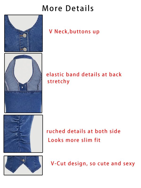 Women's Vintage Denim Crop Tank Top Summer Button Front Sleeveless Halter Jean Vest