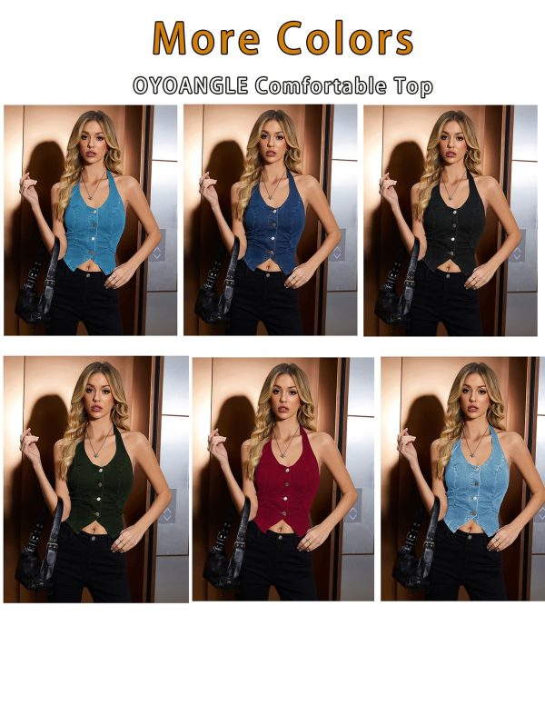 Women's Vintage Denim Crop Tank Top Summer Button Front Sleeveless Halter Jean Vest