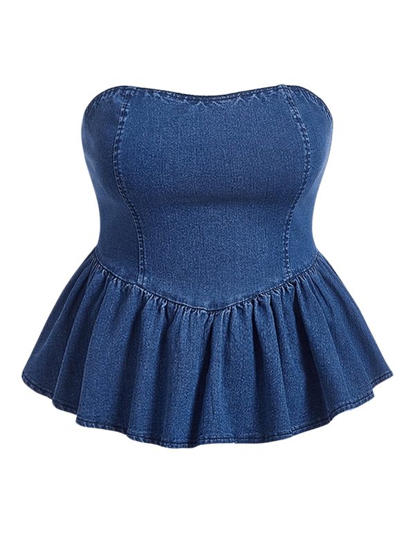 Women's Plus Size Strapless Denim Ruffle Top Camisole Peplum Y2K Jean Tube Tops