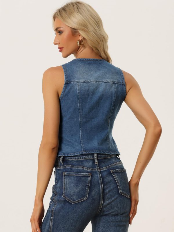Denim Vest for Women's Sleeveless V Neck Washed Distressed Jean Jacket