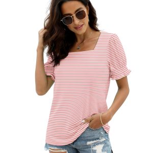 Tops for Women Summer Casual Ruffle Trim Sleeve Square Neck T Shirts