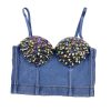 Women Rhinestones Studded Denim Bustier Crop Cami Top Sexy Spaghetti Strap Sleeveless Fashion Jean Corset Top Bra