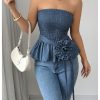 Women's Y2k Strapless Tube Top Sleeveless Smocked Peplum Ruffle 3D Flower Belted Bandeau Tops
