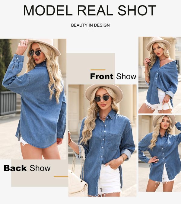 Women Denim Shirts Button Down Blouse V Neck Casual Tops