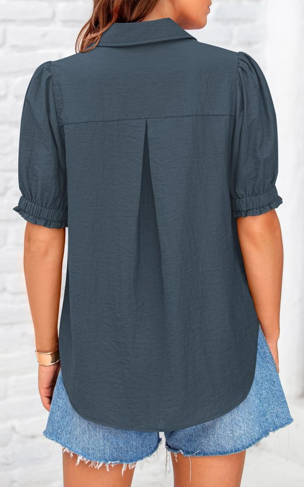 Womens Summer Short Sleeve Button Down Shirts V Neck Collared Casual Blouse Tops with Pockets